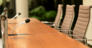 Empty chairs with microphones