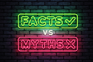 neon sign that reads "facts vs myths"