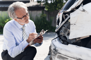 man evaluating the damage to a vehicle