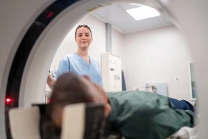 Medical professional conducting a medical test for a patient.