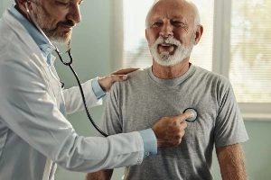 A doctor examining a patient breathing.