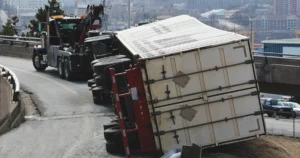A semi-truck tilted to the side on a road.