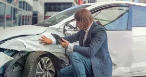 A man looking at the damage to the side of his car.