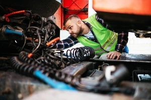 A man working on the inside of a truck.
