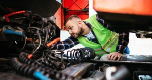 A man working on the inside of a truck.