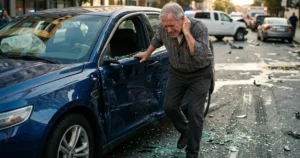 older man holding neck and getting out of damaged car