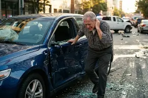 older man holding neck and getting out of damaged car